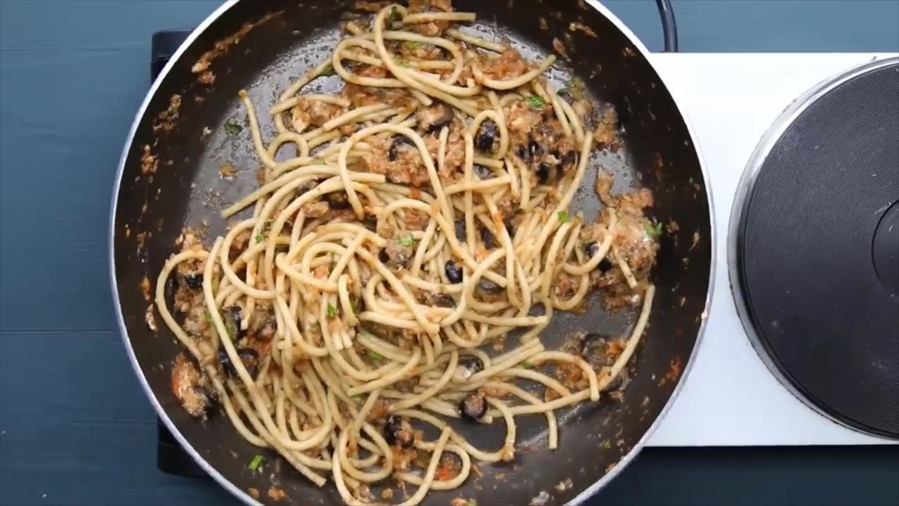 Sardine Spaghetti and Tomato Cucumber Feta Pasta Salad