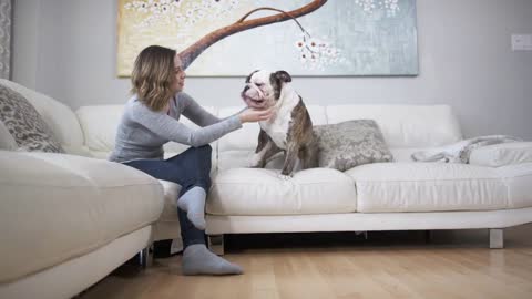 Woman on couch with dog bulldog love