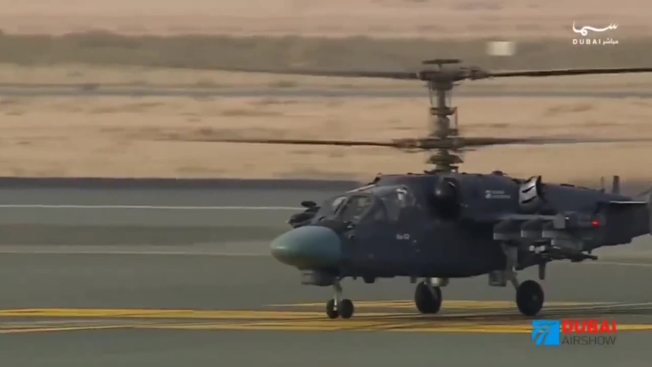 The aerial performance of Russian Ka-52M attack helicopter during Dubai Air Show 2023