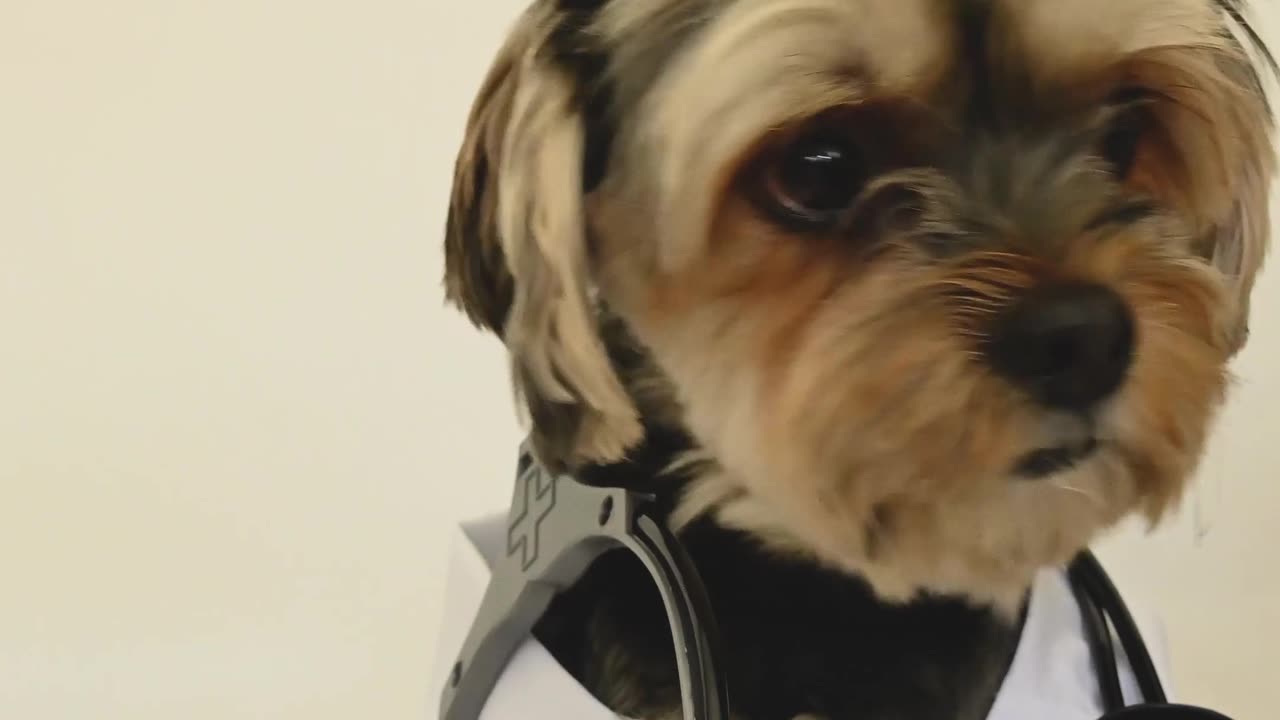 A Dog Wearing a Doctors Costume and searching for patient