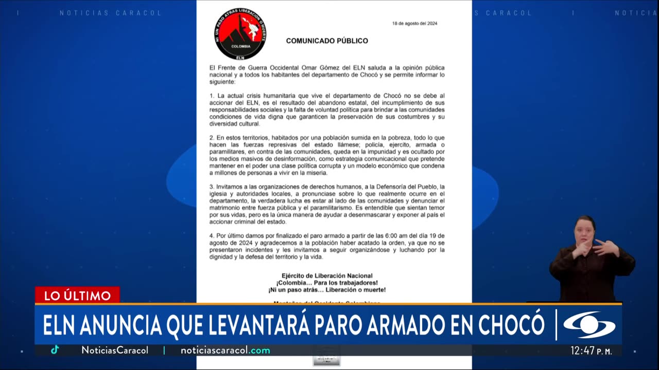 ELN anuncia en un comunicado que se levanta el paro armado decretado en Chocó