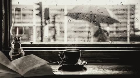 A candle with a cup of coffee and the sound of rain for rest and relaxation