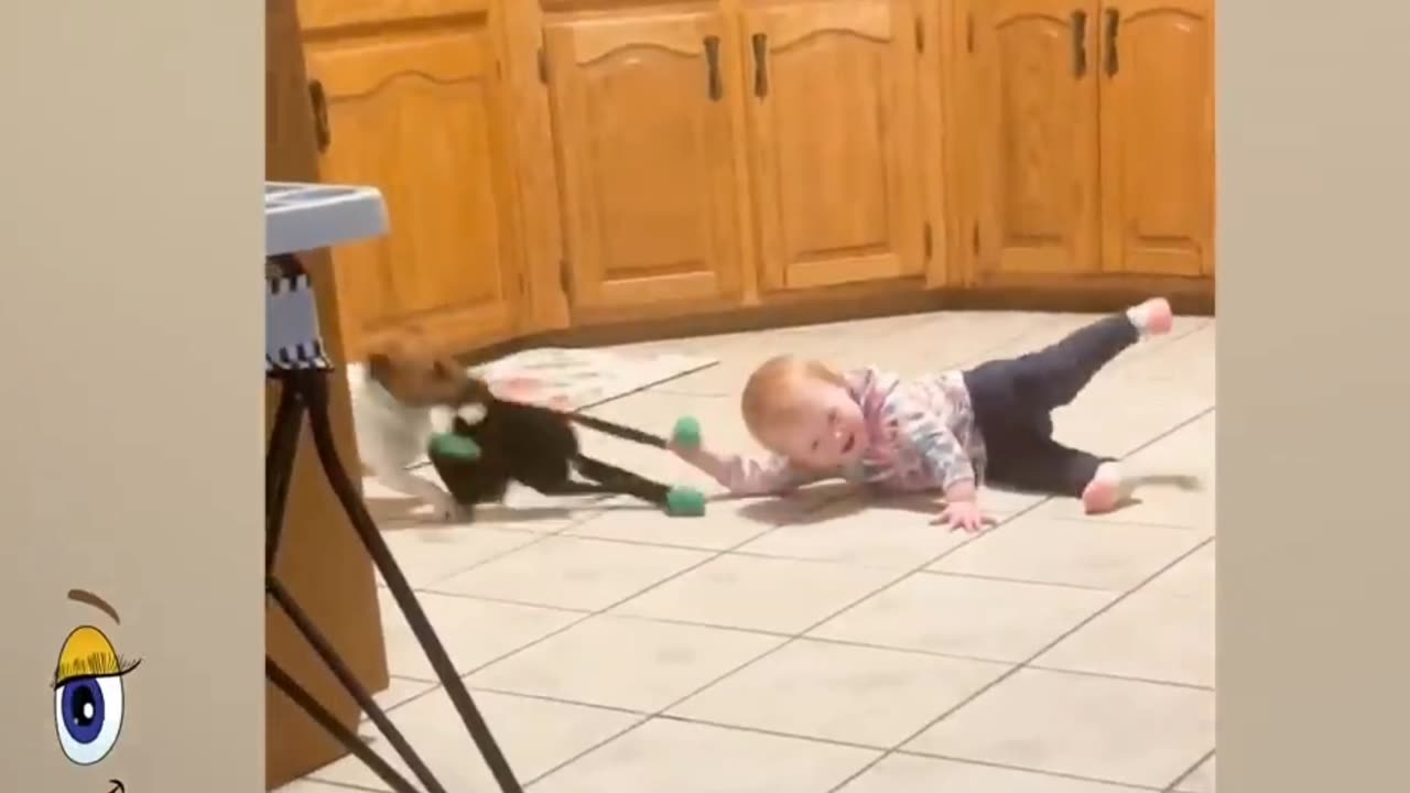 Adorable babies playing with dog