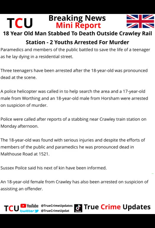 18 Year Old Man Stabbed To Death Outside Crawley Rail Station - 2 Youths Arrested For Murder