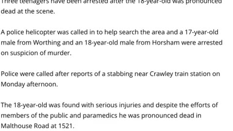 18 Year Old Man Stabbed To Death Outside Crawley Rail Station - 2 Youths Arrested For Murder