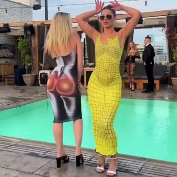 Dog pushes girl into a pool