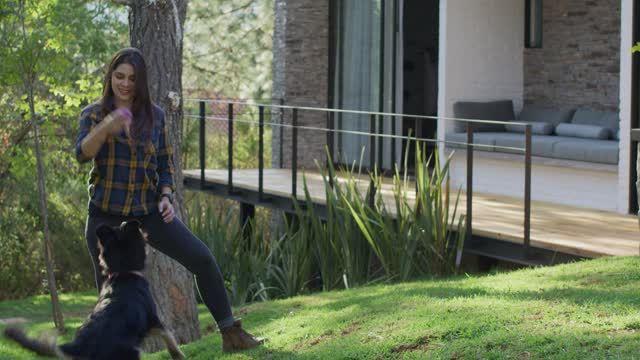 Woman playing with a dog in a garden