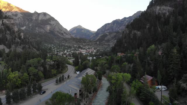 Drone footage of downtown view of Ouray CO