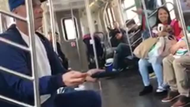 Guys exchange casino chips on subway