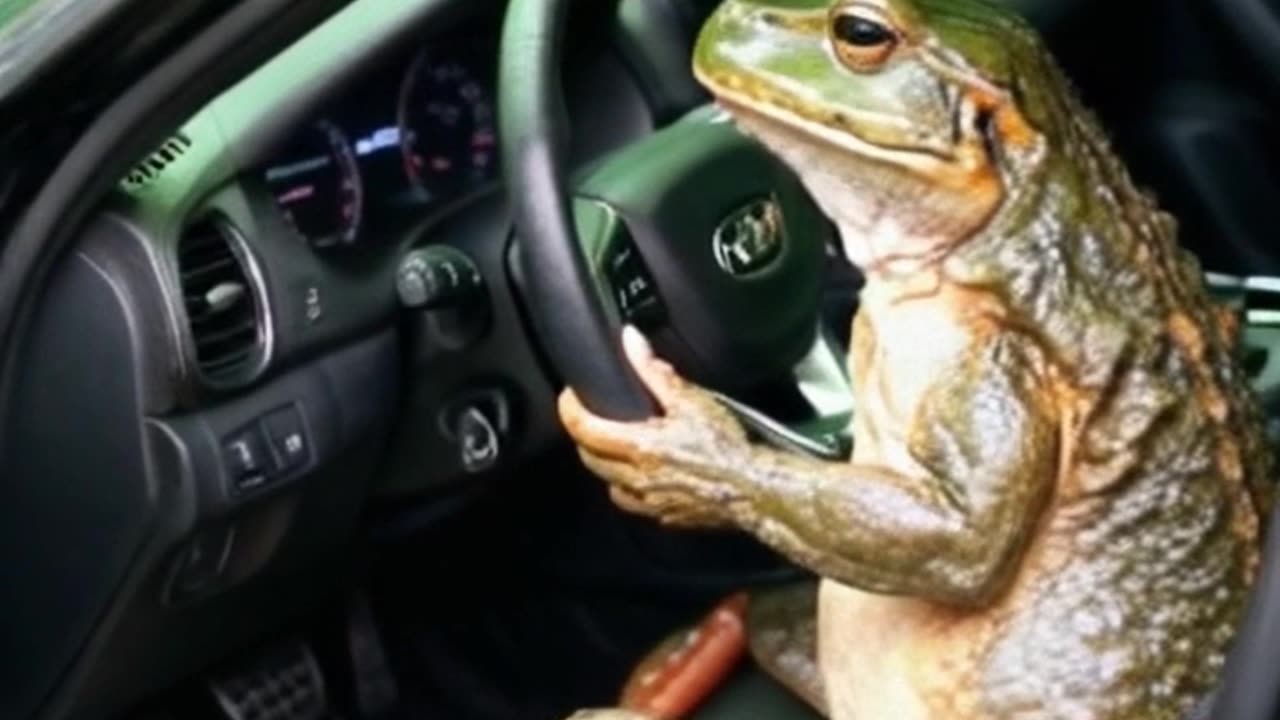 a frog is driving a car