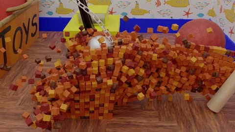 Having Fun in the Kid's Playroom - Toy Crane Bashing Wood Blocks all Over