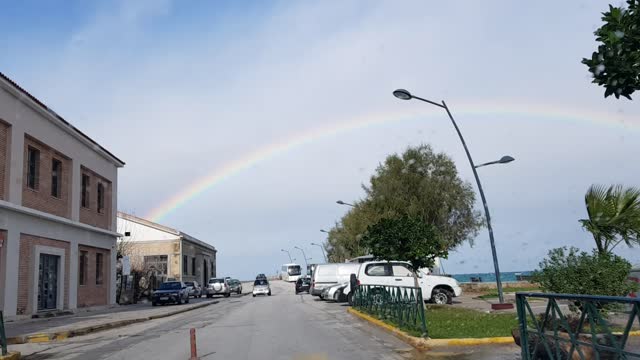 Greece Corinthia Rainbow over the sea after rain