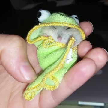 This little hamster looks so cute wrapped in his frog towel