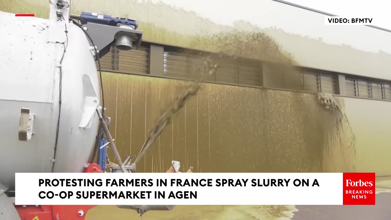 Protesting Farmers In France Spray Slurry On A Co-Op Supermarket In Agent