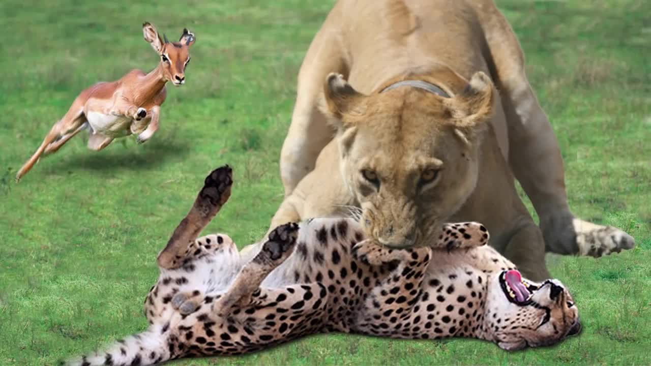 Chita wanted eat baby Impala but failed and was knocked down bi Lion King Lion vs buffalo