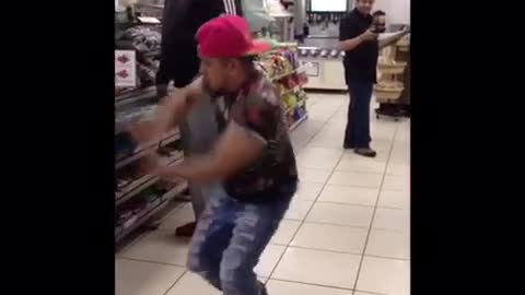 Pink hat floral shirt dancing inside 7/11