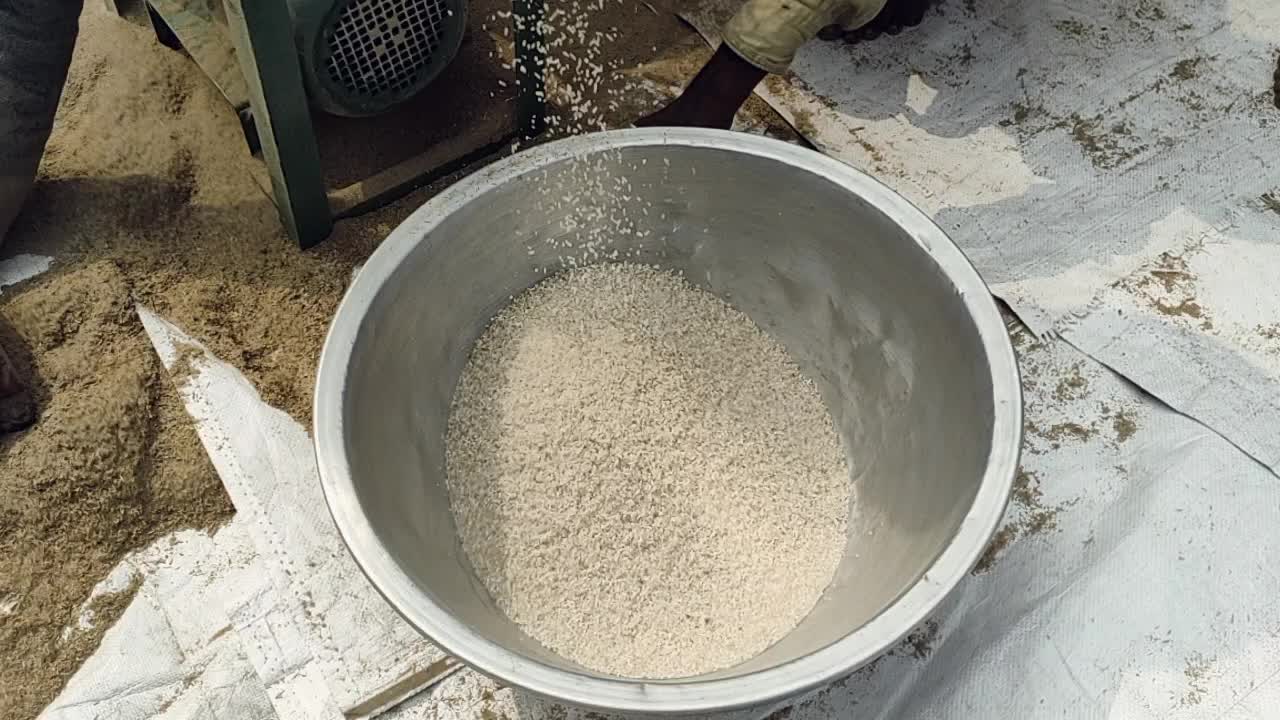 Indian villagers running paddy machine