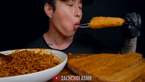 ASMR MUKBANG BLACK BEAN FIRE NOODLES & MOZZARELLA CORN DOGS | COOKING & EATING SOUNDS | Zach Choi