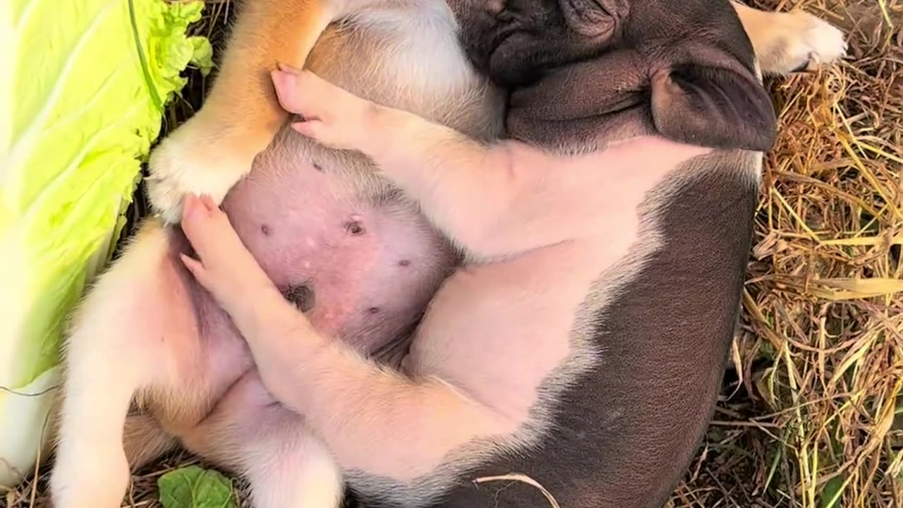 The little pig and the little dog are hugging each other and falling asleep.