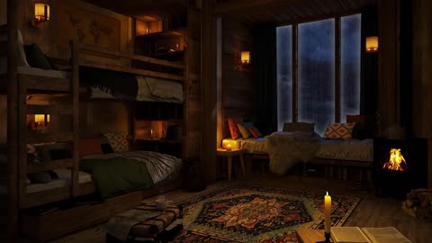 Cozy Cabin Ambience with Gentle Night Rain and Crackling Fireplace Sounds ｜ 8 Hours