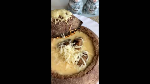 Cheese soup in a bread bowl. It's unbelievably delicious😍