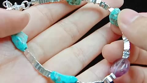Natural turquoise free-shape beads and fluorite fluorspar 925 silver bracelet orange spiny oyster