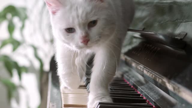 A cute cat is trying to play the piano