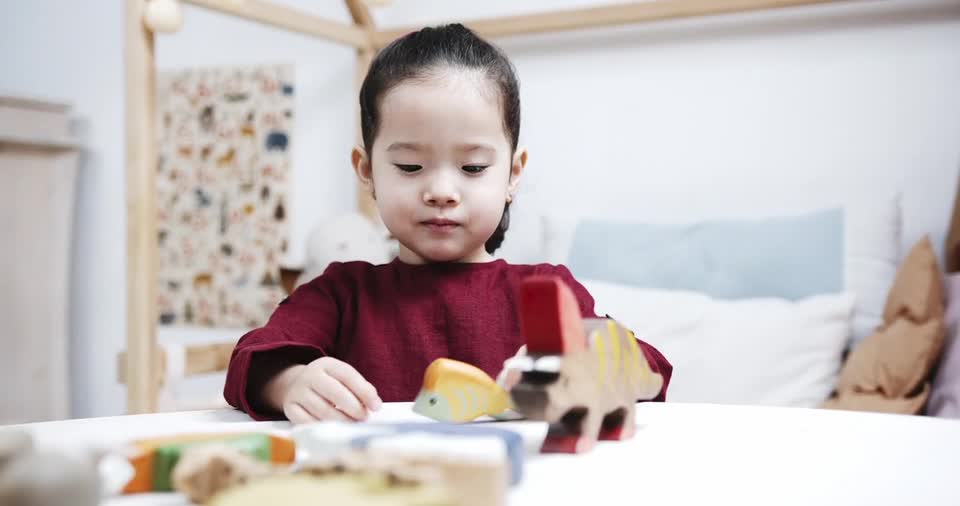 A Young Girl Playing With Wooden Sea Animal Toys