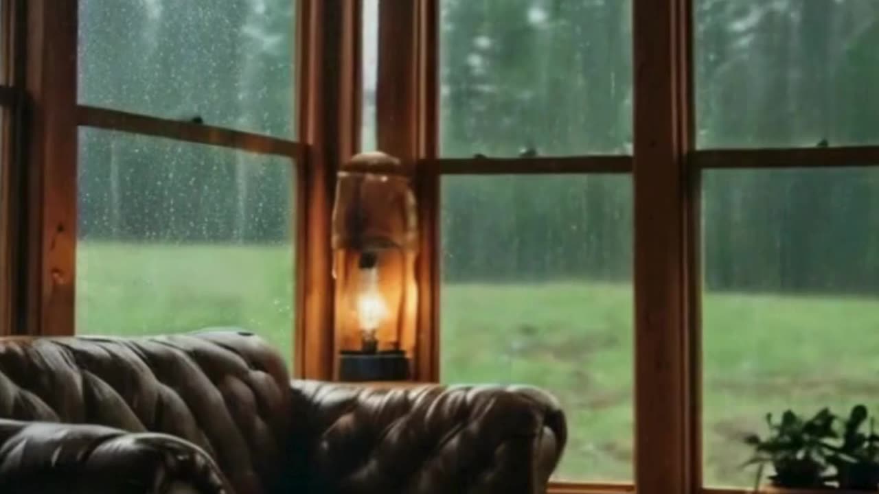 Cozy Cabin Interior: Rain, Fireplace, Relaxing Atmosphere