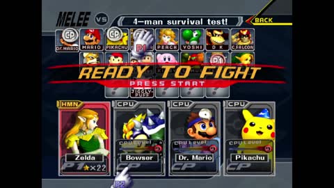 Super Smash Bros Melee (ssbm) - Zelda vs Ness vs Dr. Mario vs Pikachu (Free for all - Lv.9 cpu)