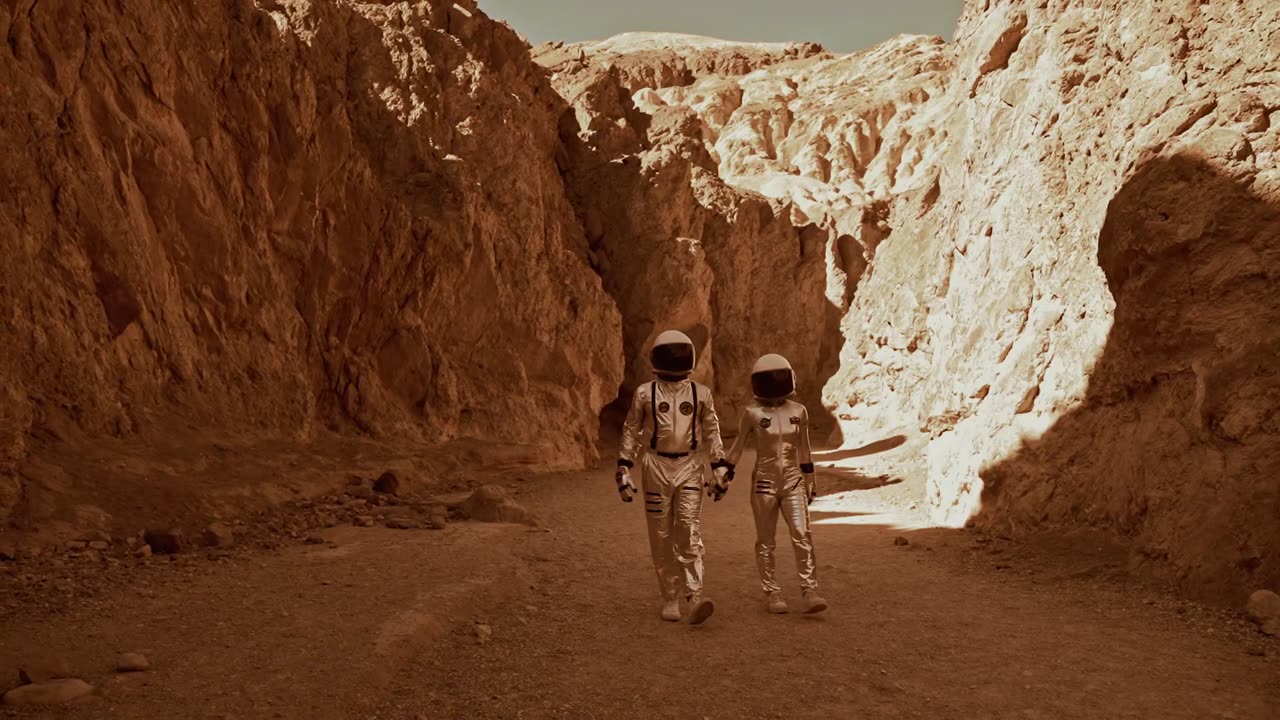 An astronaut couple holding hands while walking