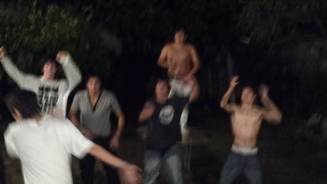 Music guys dancing and break table and fall down