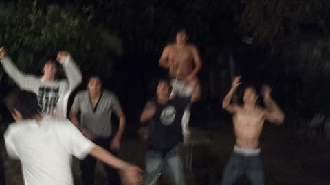 Music guys dancing and break table and fall down