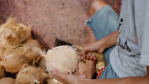 Close Up Shot of Young Mans Hands Shaving Coconut Coir Fibre