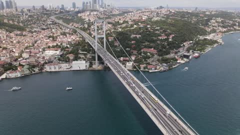 Drone view of a bridge crossing a big river