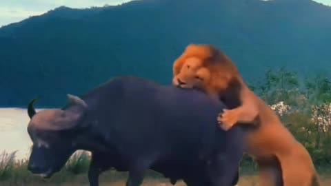 Lion and buffalo fight.