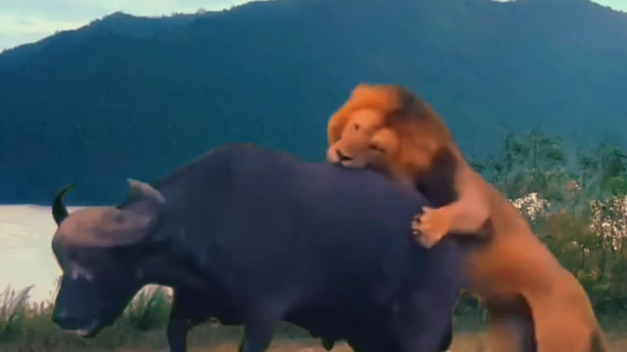 Lion and buffalo fight.