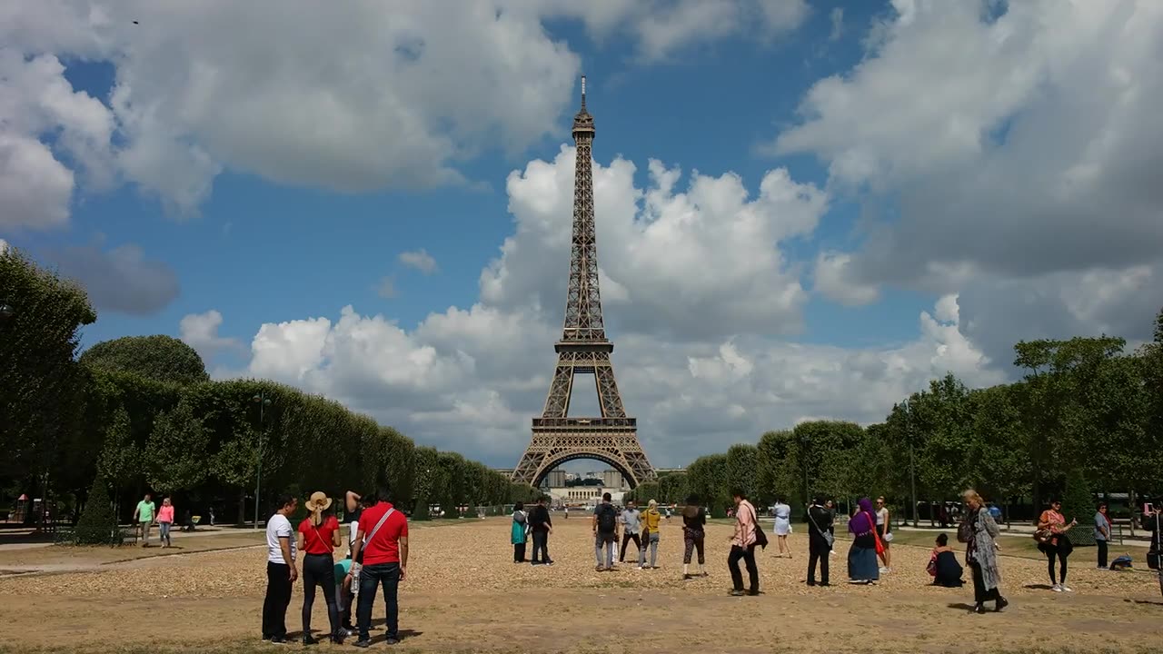 Sunny Day in Paris Eiffel Tower Scene with People Walking