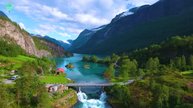 Beautiful nature norway natural landscape aerial footage lovatnet lake