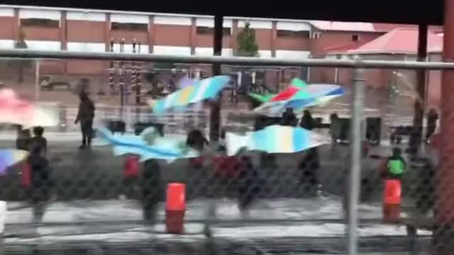 Kindergarteners are forced to eat lunch outside in 40-degree weather at Capitol Hill Elementary School in Portland, Oregon.