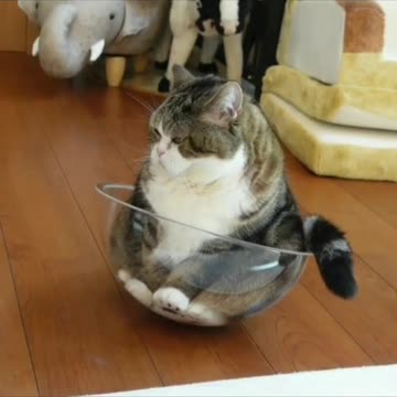 Cat rocks around in glass bowl