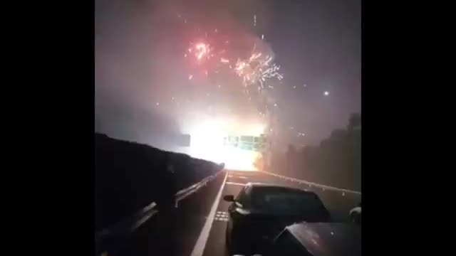 Fireworks in the sky after a truck carrying fireworks crashes