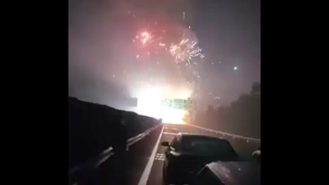 Fireworks in the sky after a truck carrying fireworks crashes