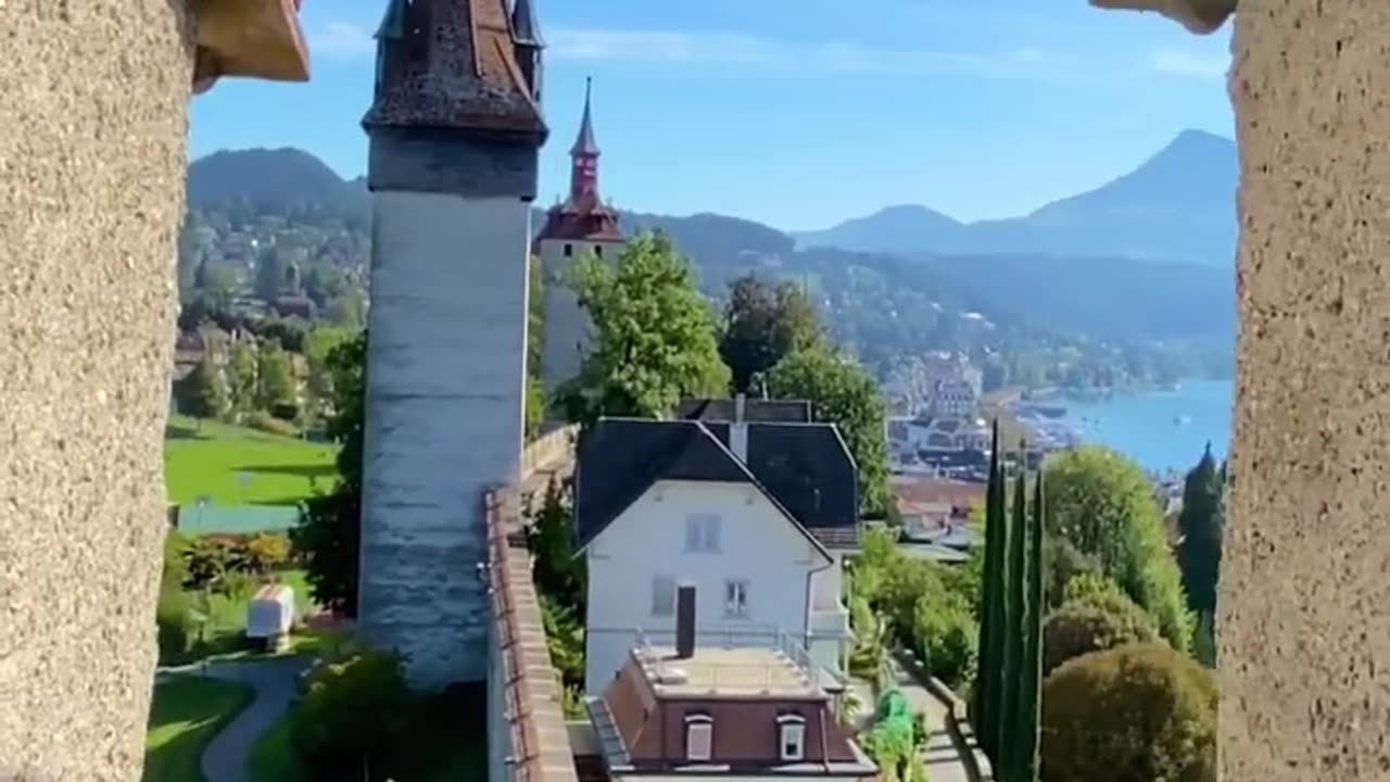 Lucerne in Swirzerland is an amazing Swiss town! View from city wall onto old town and lake.