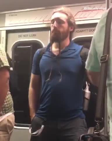 Guy man subway blue shirt double braid beard