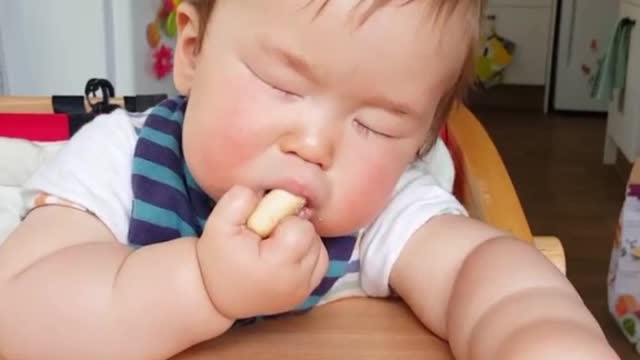 Baby literally falls asleep while eating snack