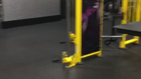 Man blue shirt jumps on table gym fall