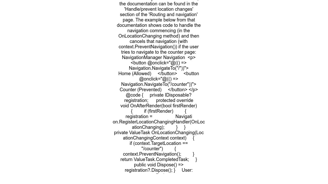 Blazor Navigationmanager cancel navigation on locationchanged