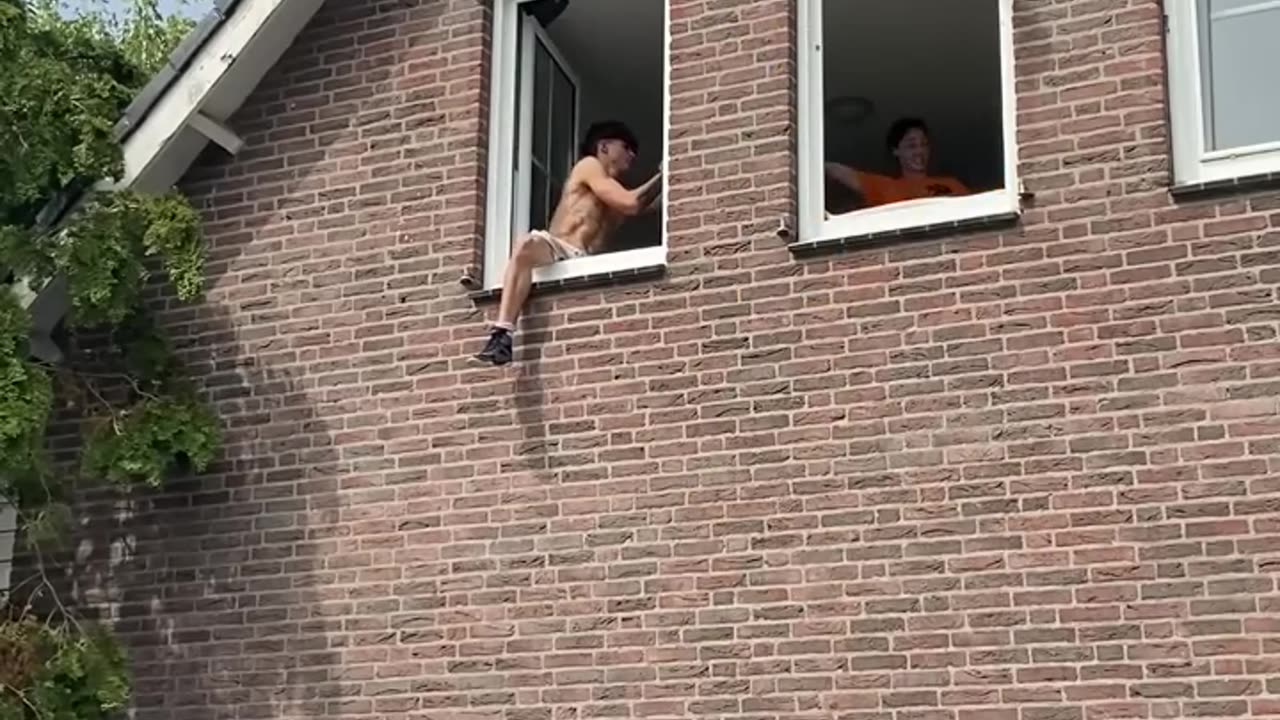 Girl Jump From Window to Trampoline Then Bounce Back to Same Spot