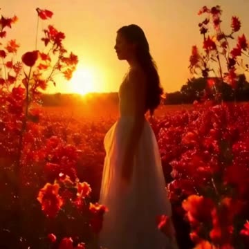 Girl in the fields with red flowers